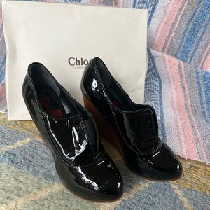 CHLOE Patent Leather Wooden Heel Shoes SIZE 37
